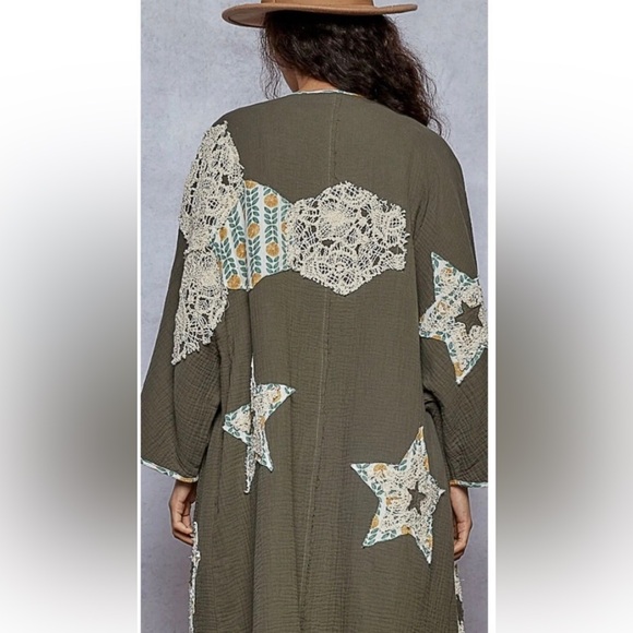 POL Star patchwork kimono crochet pocket Olive sage gray Patchwork Jacket - Picture 2 of 3